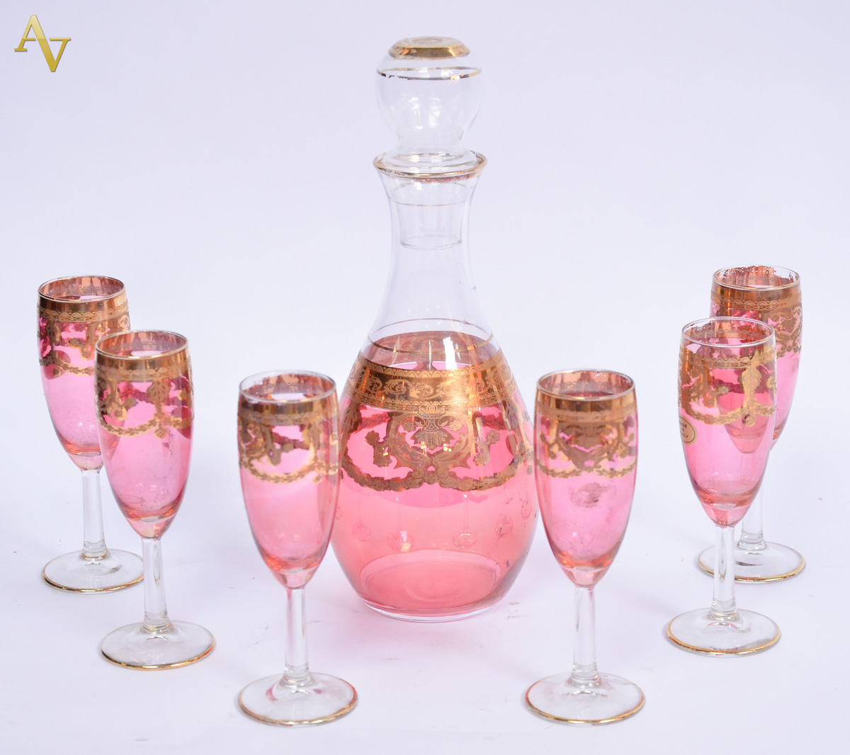 Licoreira italiana de cristal veneziano, rubi, decorado com palmas...
