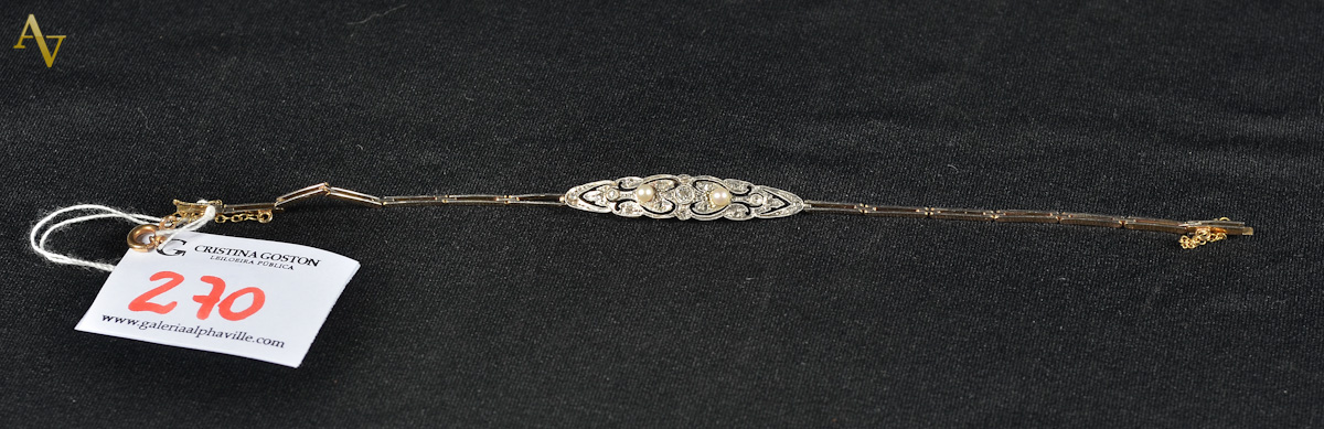 Antiga pulseira francesa de ouro 18 com brilhantes e perolas - 6,3gr.