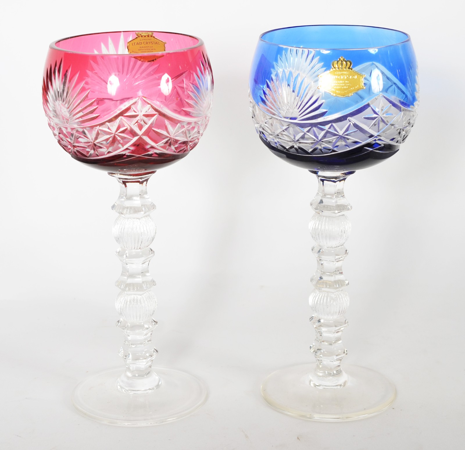 Duas taças para vinho de cristal alemão lapidado, pés altos, doublé... - foto 1 de 6