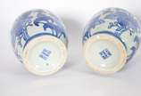 Cinco peças de porcelana oriental azul e branca... - Cinco peças de porcelana oriental azul e branca, sendo: potiche retangular, 2 vasos e 2 pequenos potiches redondos.