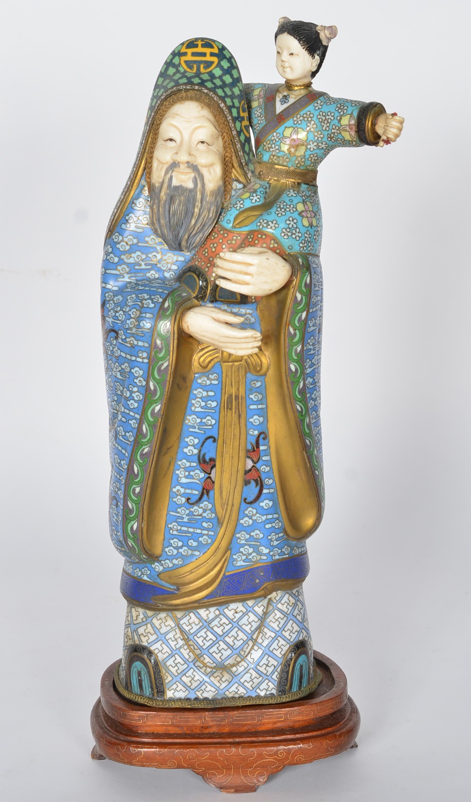 Escultura chinesa de cloisoné e marfim representando figura de ancião... - foto 1 de 9