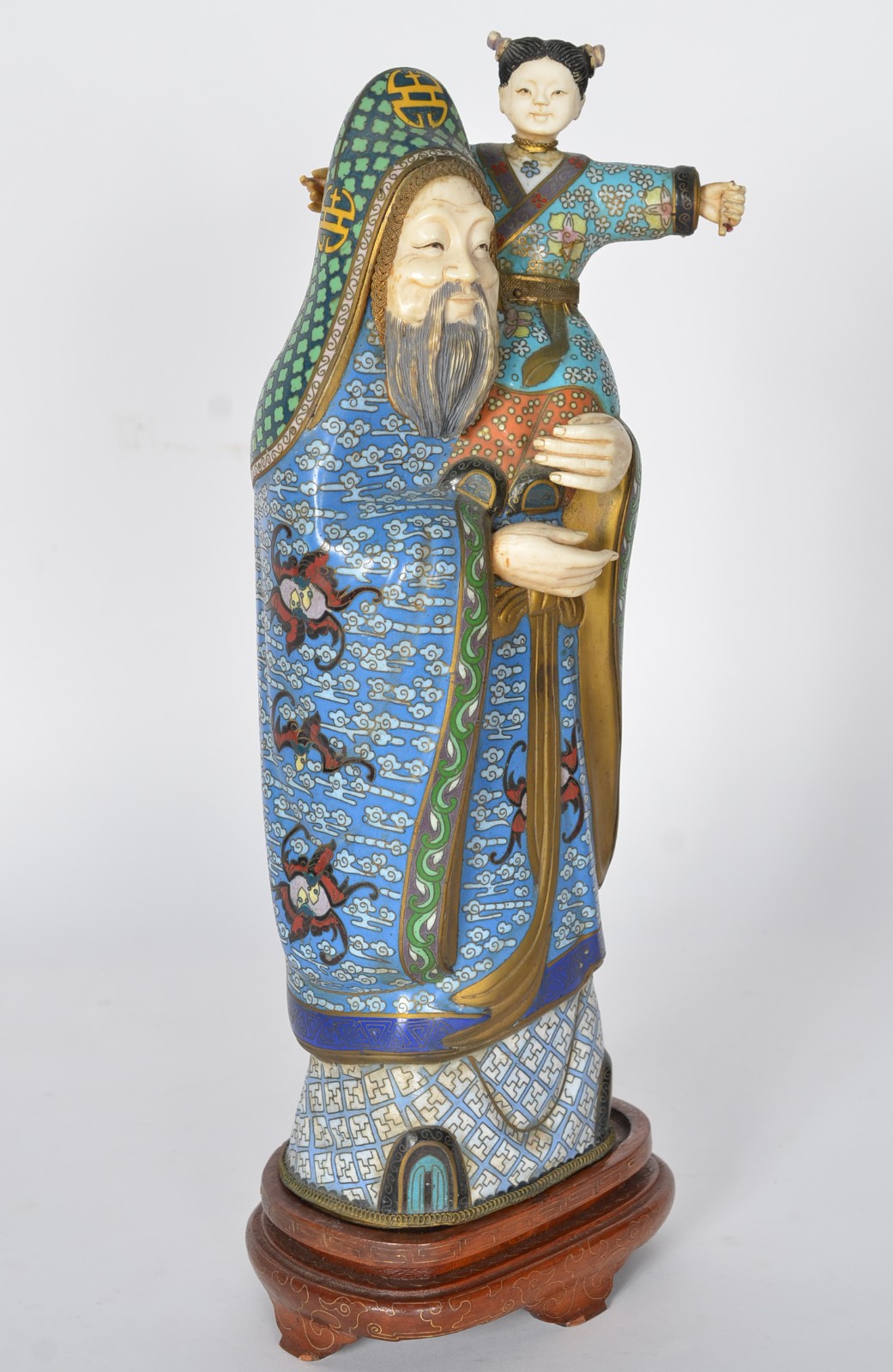 Escultura chinesa de cloisoné e marfim representando figura de ancião... - foto 2 de 9