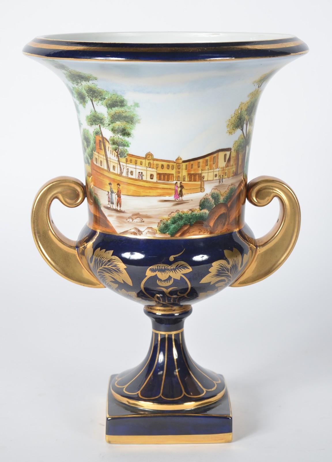Ânfora de porcelana francesa de Sèvres, fundo em azul cobalto e... - foto 1 de 9