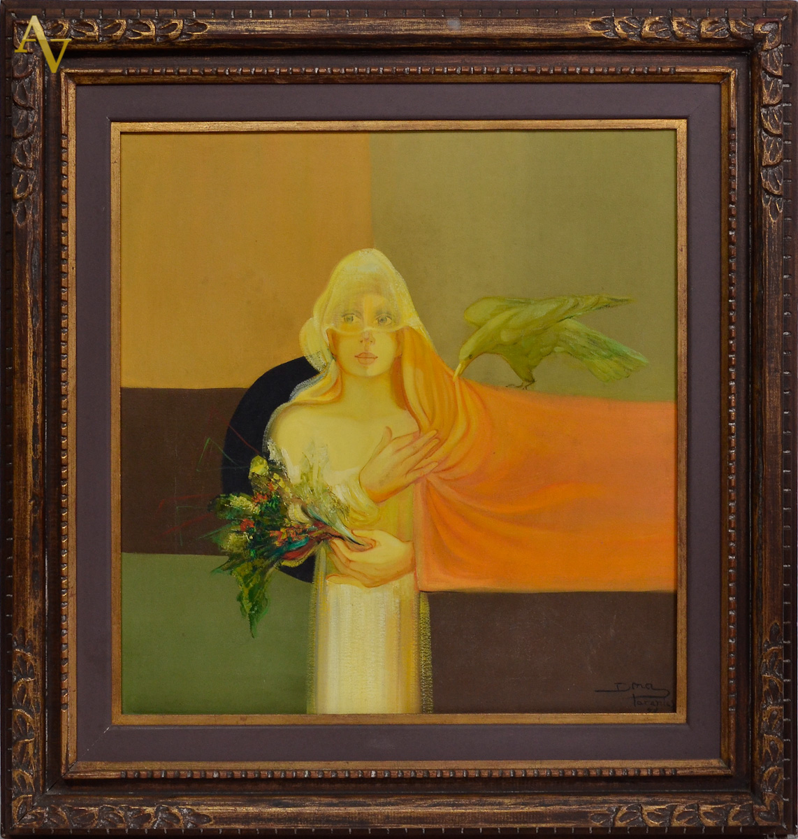 DORA PARENTES - Mulher com Passaros - ost - datado 1998 - 60 x 60.