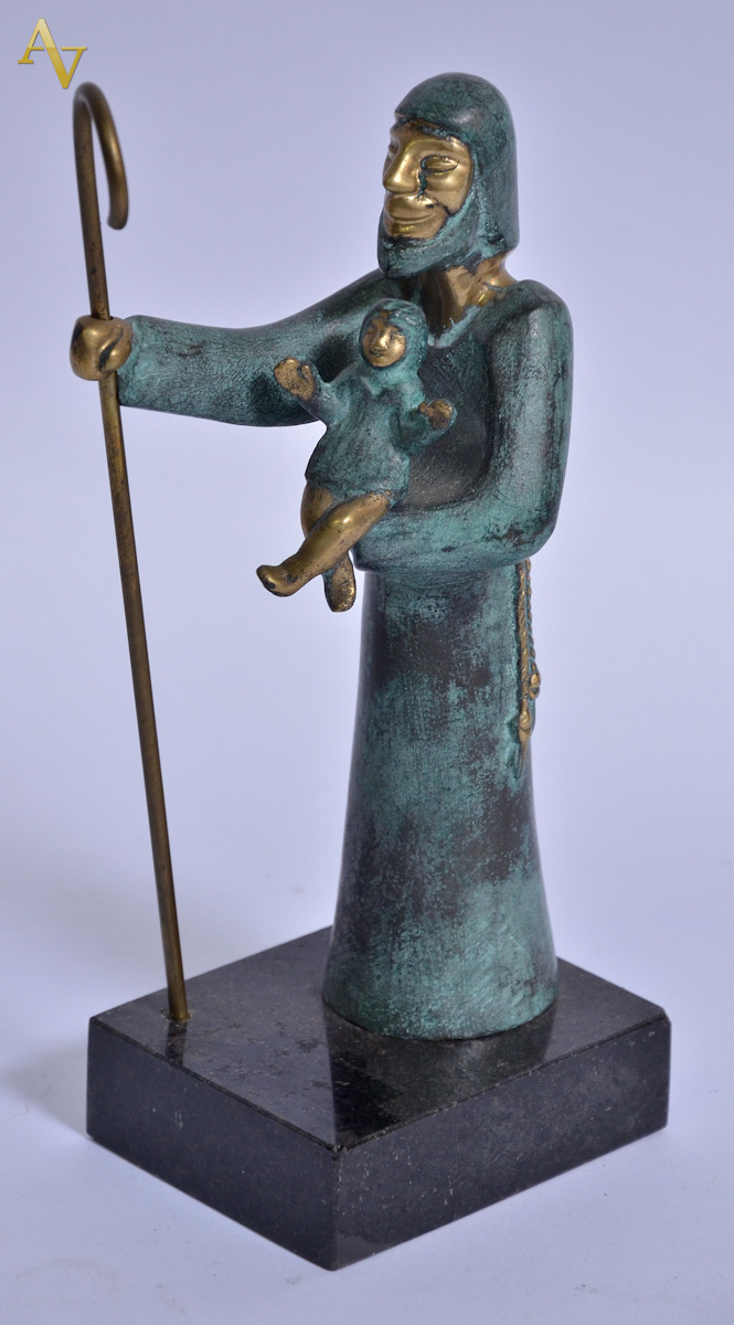 Escultura em bronze patinado, nas cores verde e dourado...