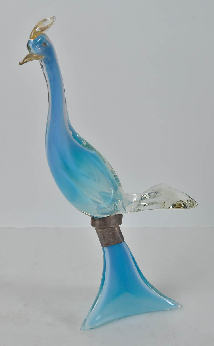 Estatueta de murano italiano repres.faisão azul com pó de ouro, alt...