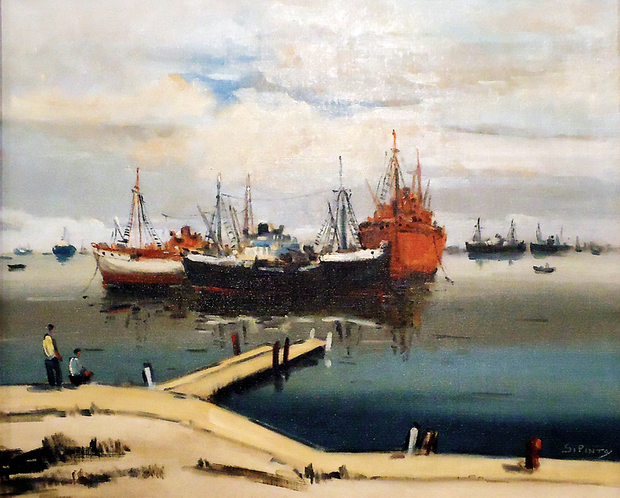 SILVO PINTO - Marinha com barcos - decada de 50 - ost - 53 x 64.