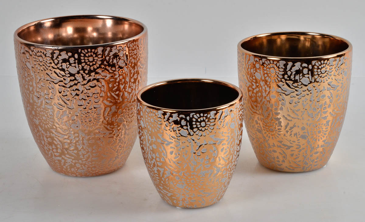 Jogo c/ 3 cachepots de ceramica chinesa lavrado em dourado, alts.13 a...