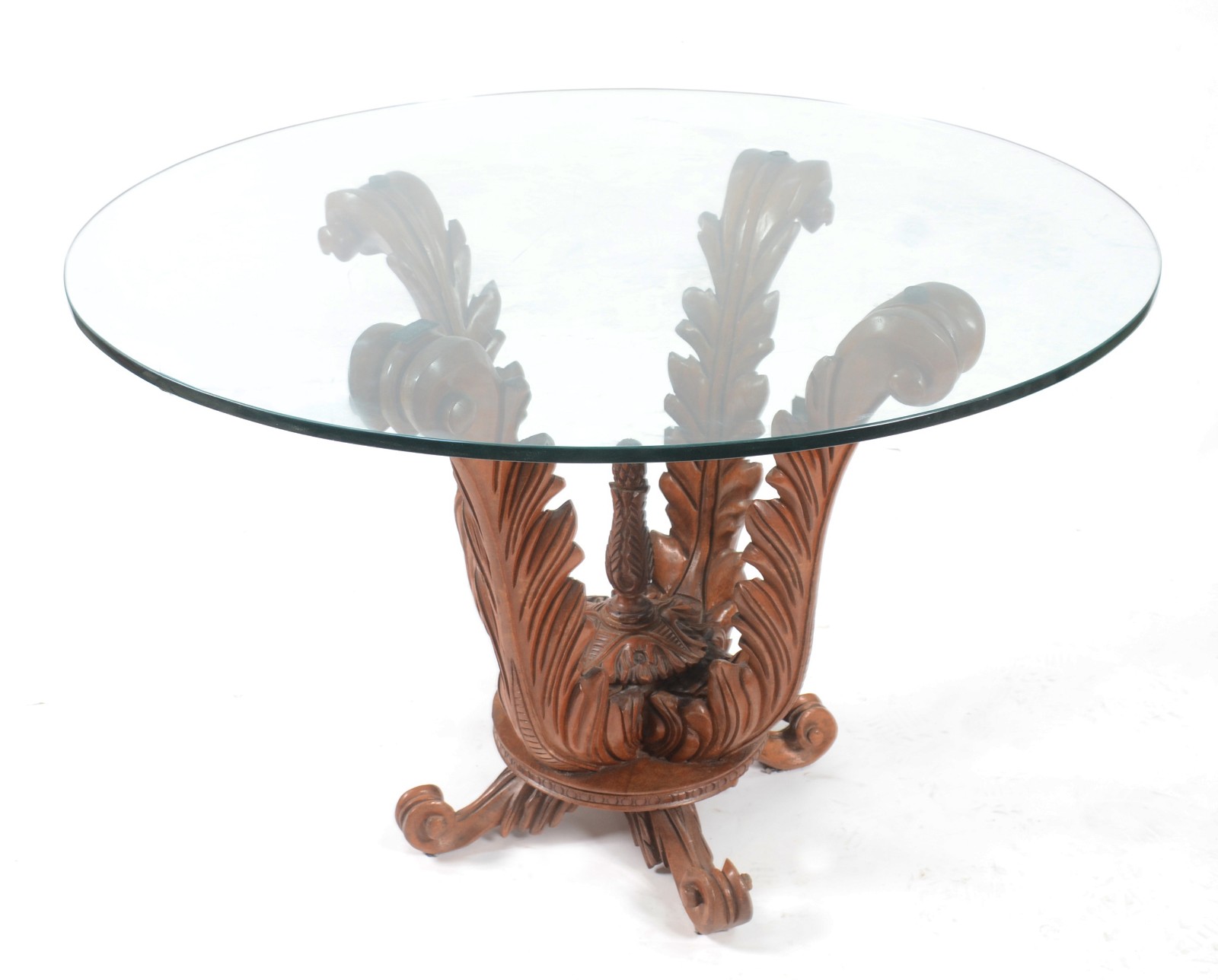Mesa de jantar com base de madeira entalhada, tampo de vidro redondo... - foto 3 de 10