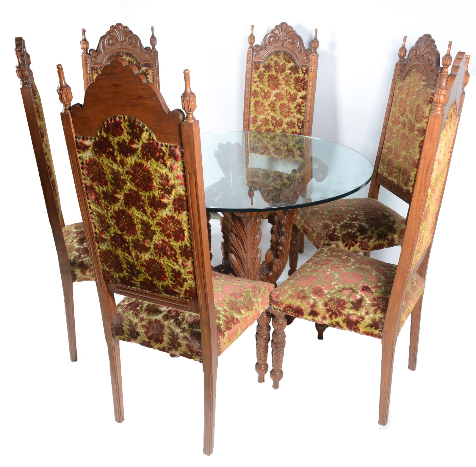 Mesa de jantar com base de madeira entalhada, tampo de vidro redondo... - foto 1 de 10