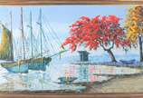 Vicente Ayres, Paisagem com barcos e árvores - Óleo sobre tela - Pintura com craquelê.