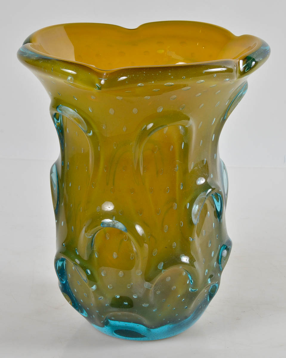 Vaso de murano na cor amarelo e azul; alt 29cm, circ. 25cm