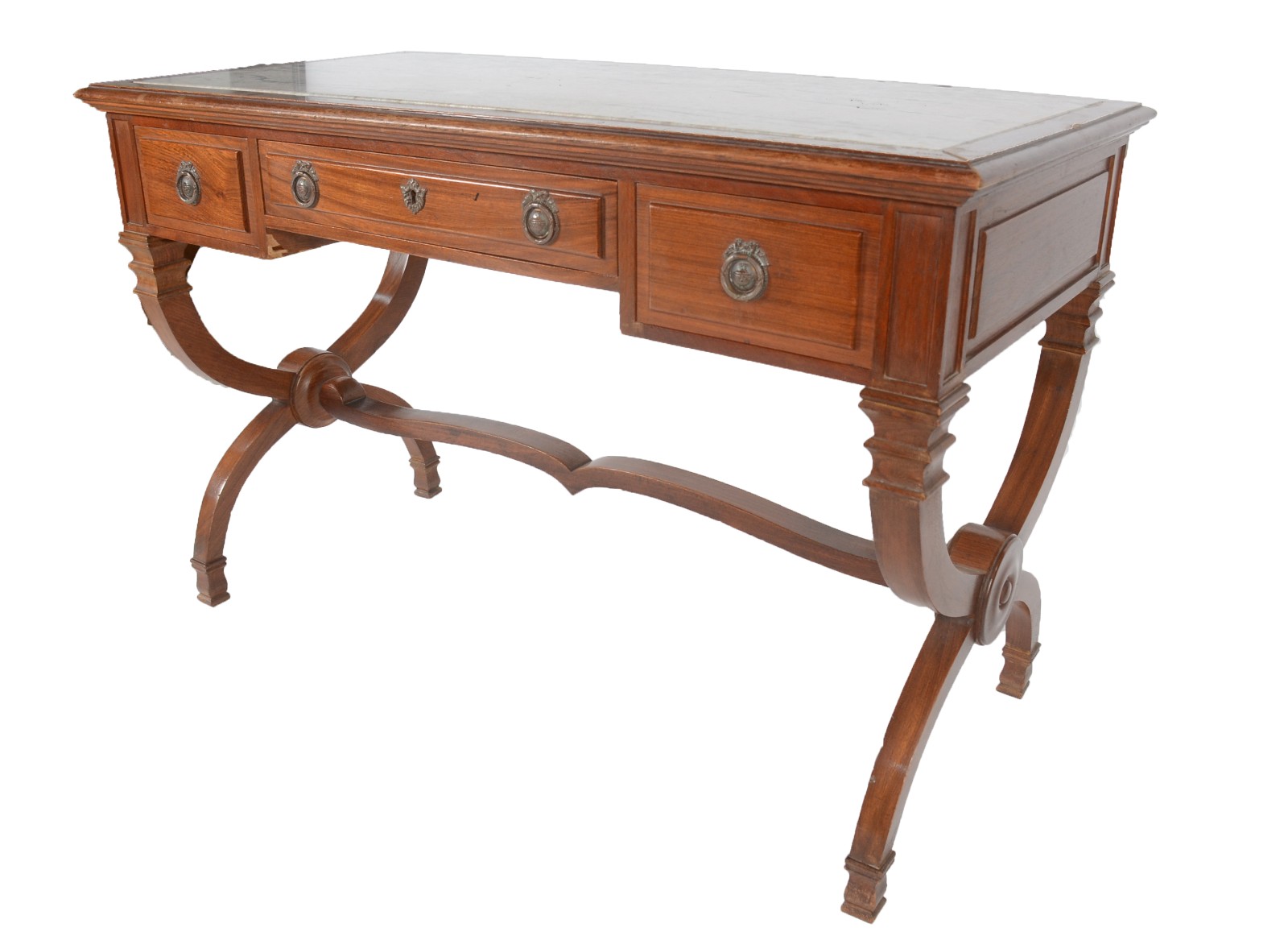 Mesa de escritório de madeira nobre, tampo retangular com mármore... - foto 1 de 10