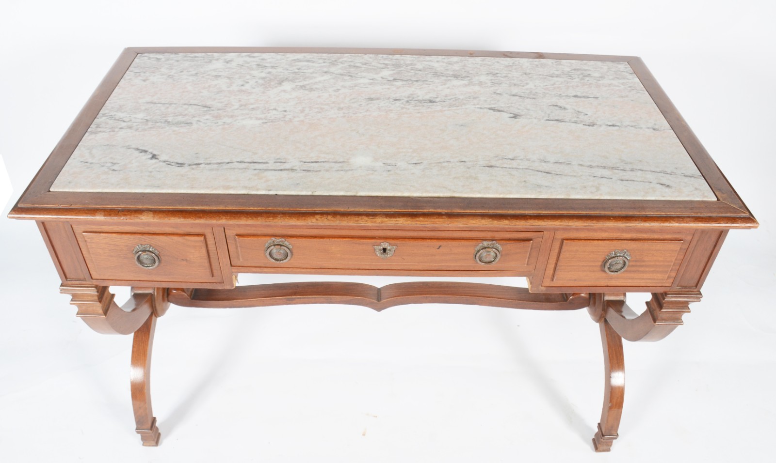 Mesa de escritório de madeira nobre, tampo retangular com mármore... - foto 7 de 10