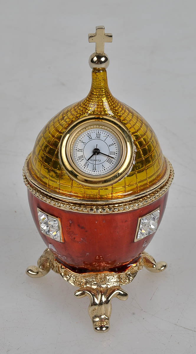 Relogio cravejado de cristais Swarowski estilo Fabergé, alt. 10 cm.