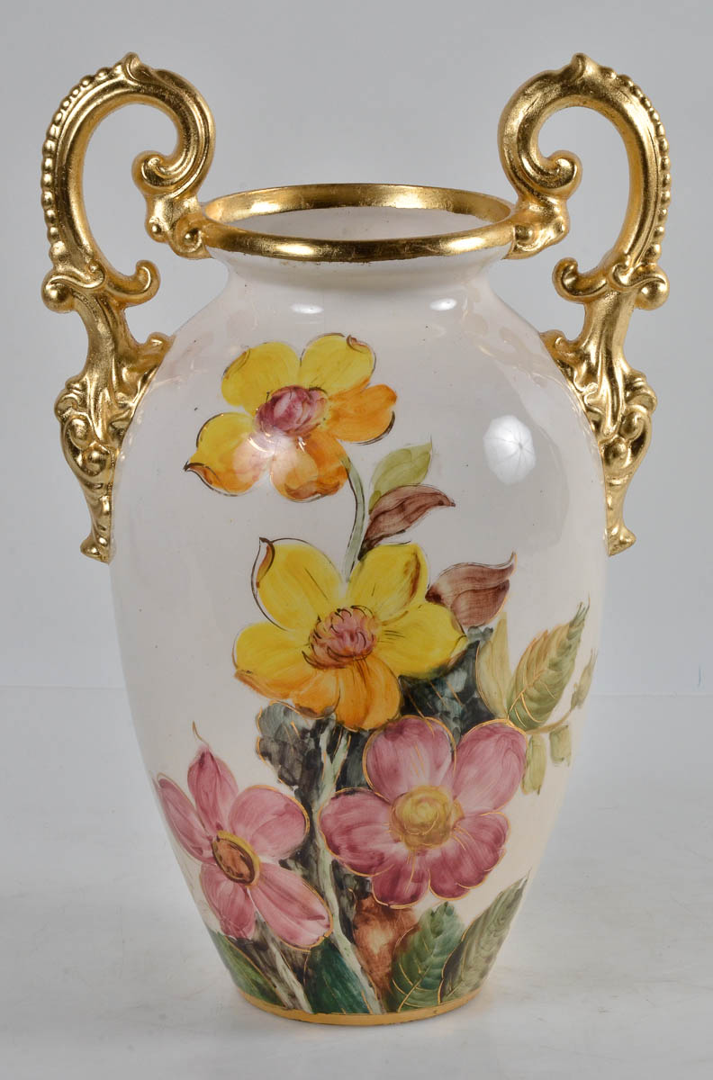 Antigo vaso anos 50 decorado c/ flores. alt. 44cm.