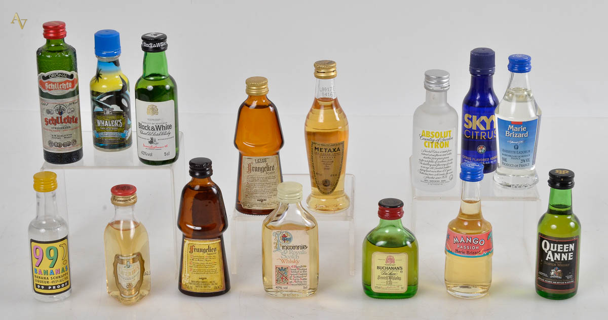 Conjunto com 15 miniaturas diversas de bebidas..