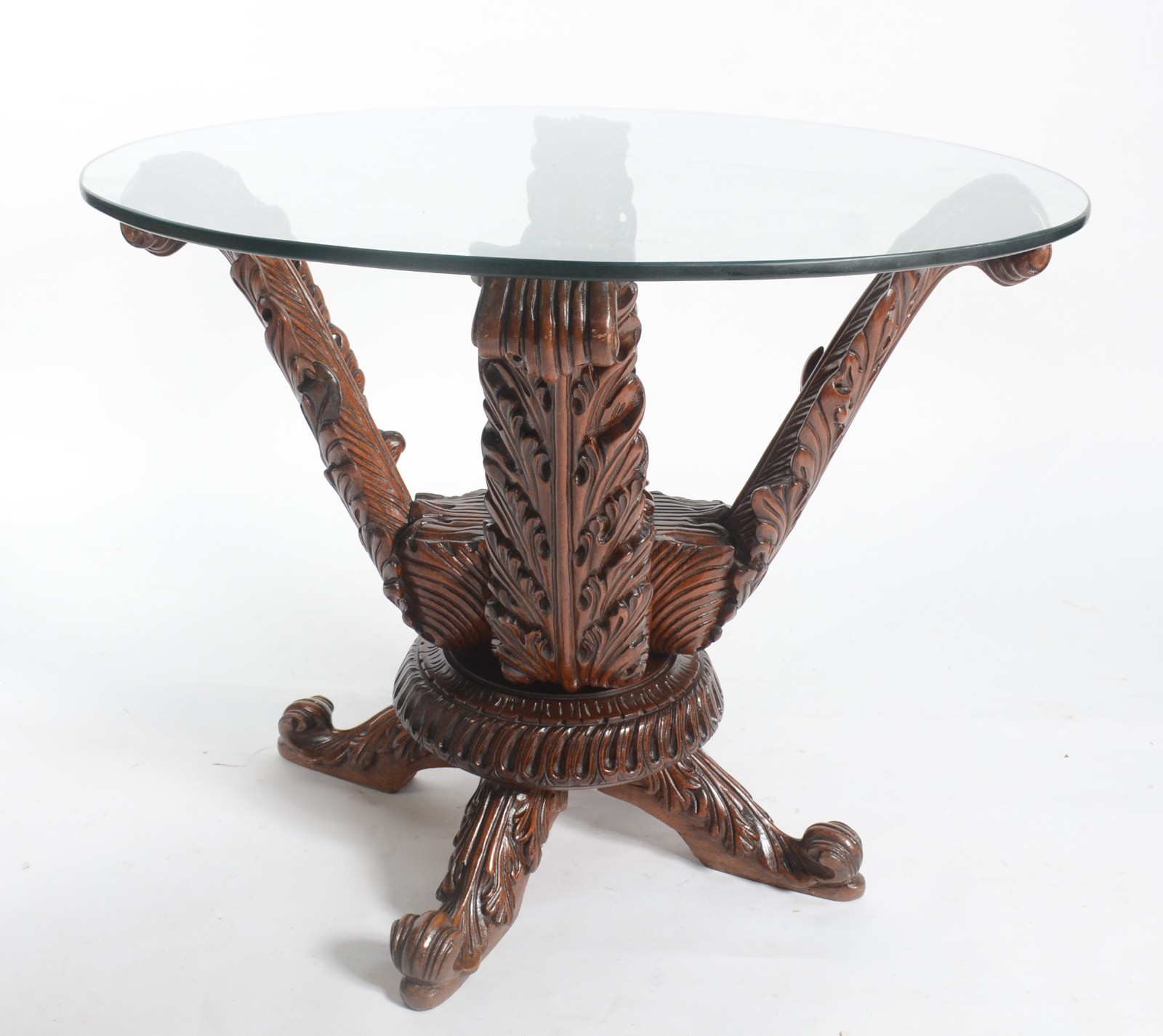 Mesa de jantar com base de madeira entalhada, tampo de vidro redondo. - foto 1 de 5
