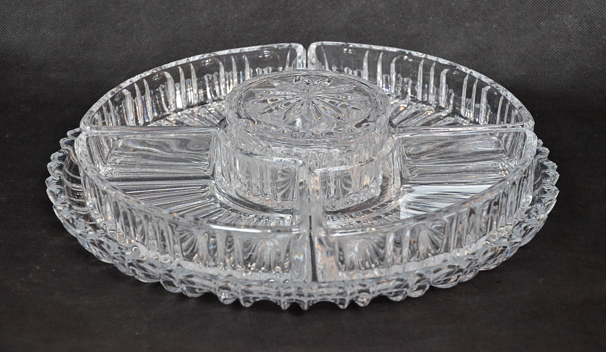 Porta petiscos de cristal tcheco lapidado com 6 peças, diam.30 cm.