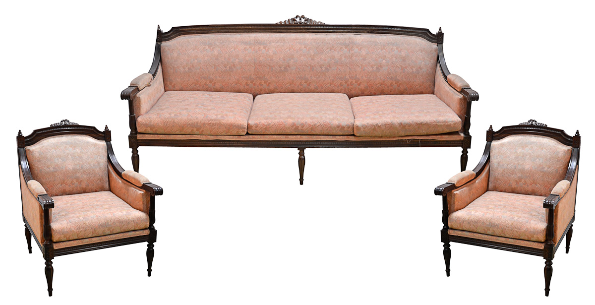 Conjunto de sofá para 3 lugares e par de poltronas de jacarandá...