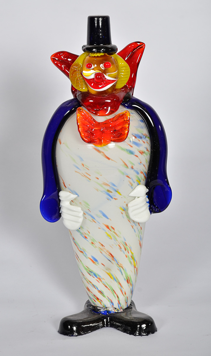 Palhaço de murano branco mesclado, alt. 33 cm.