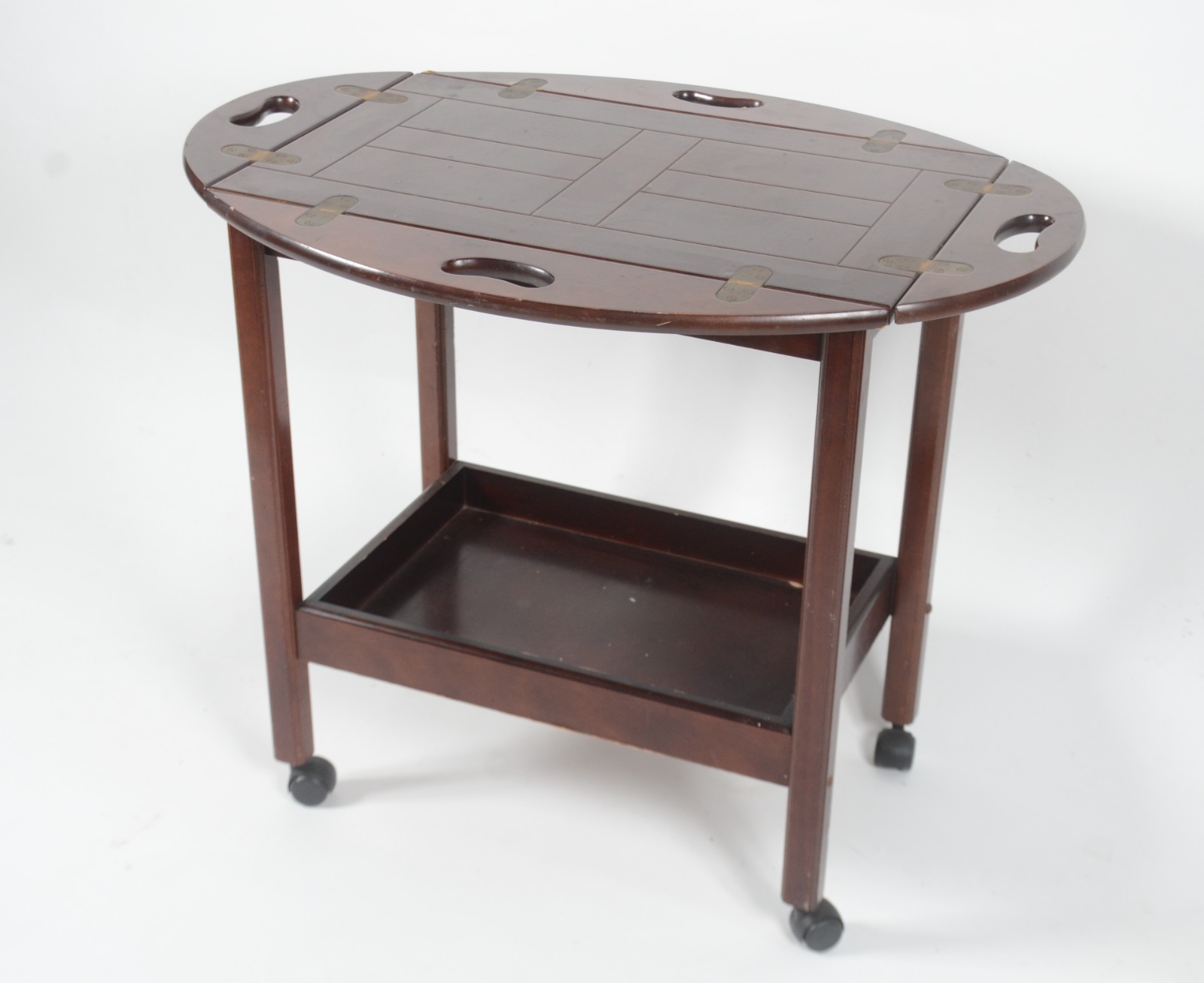 Mesa carrinho de madeira nobre, tampo com abas articuladas, platô... - foto 2 de 11