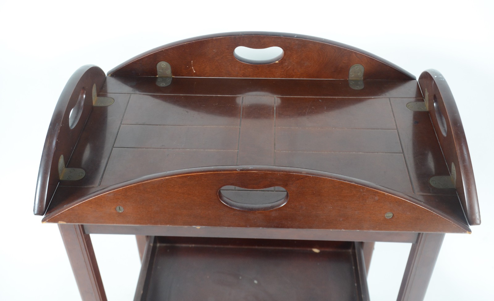 Mesa carrinho de madeira nobre, tampo com abas articuladas, platô... - foto 7 de 11