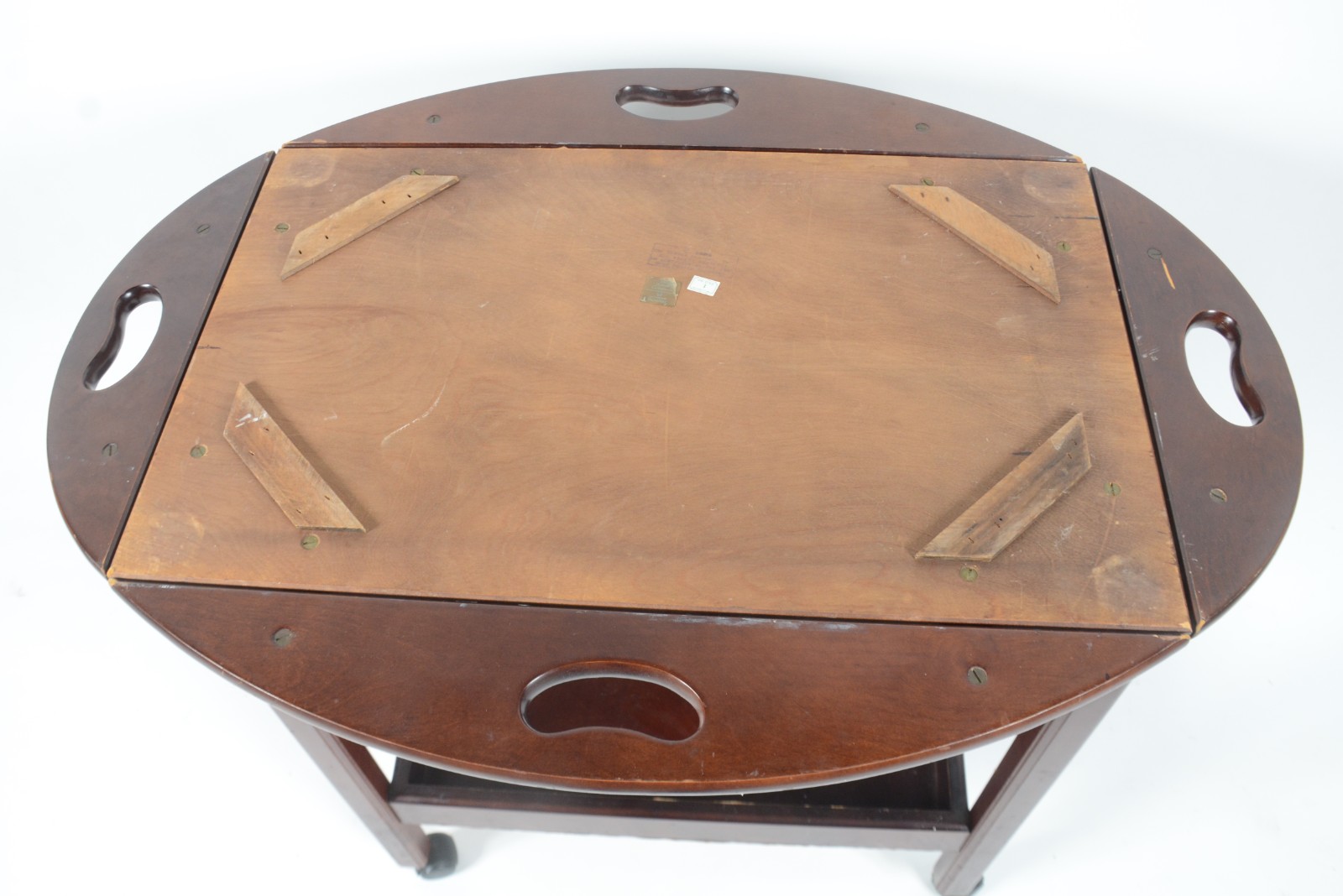 Mesa carrinho de madeira nobre, tampo com abas articuladas, platô... - foto 10 de 11