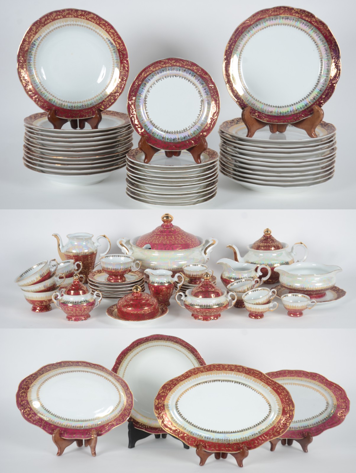 Aparelho de jantar, chá e café de porcelana Schmidt, borda vinho com... - foto 1 de 11