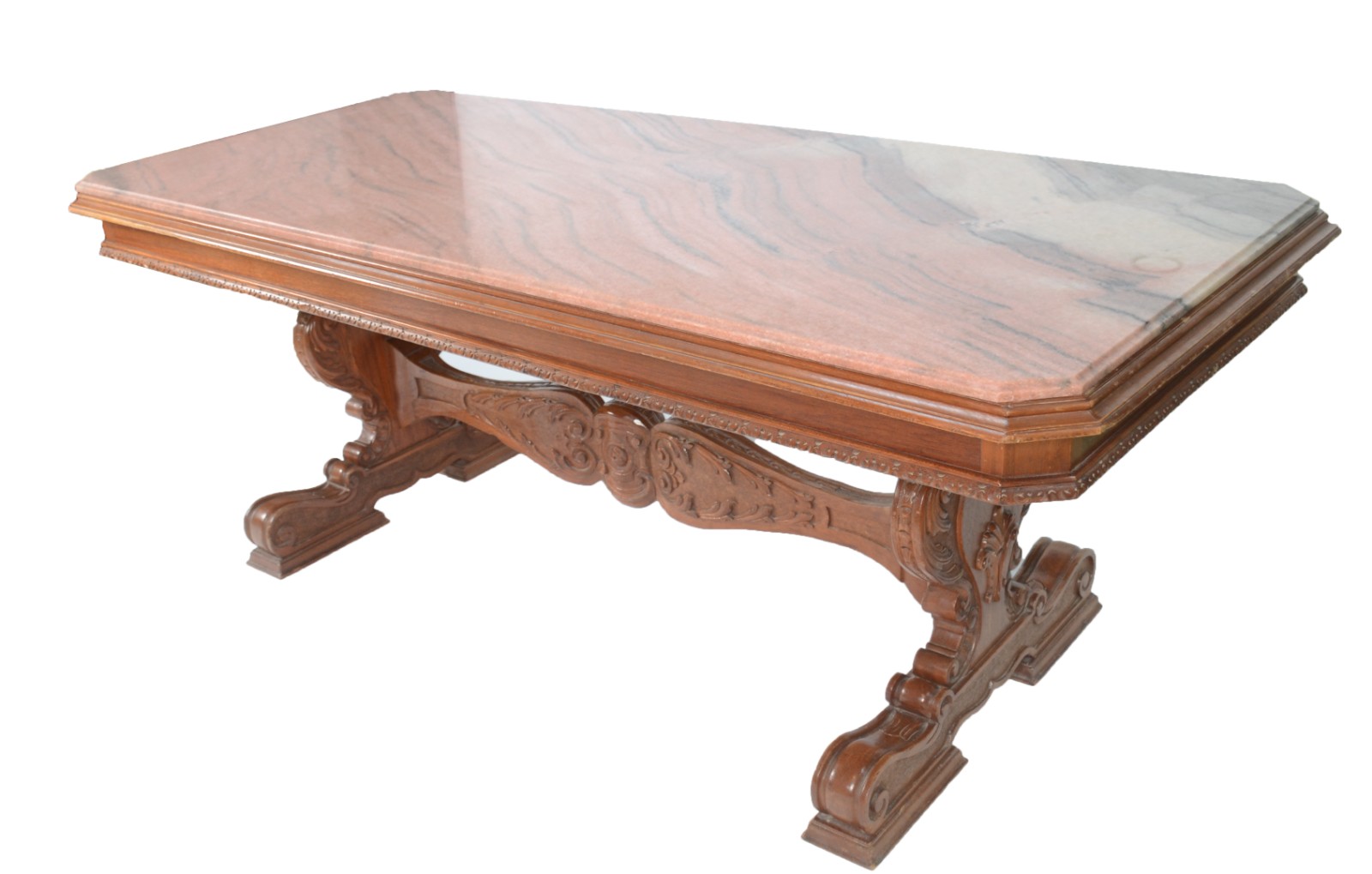 Mesa de jantar de madeira nobre, pernas entalhadas ligadas por trave... - foto 2 de 11