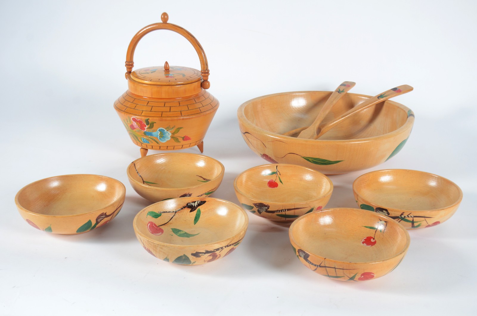 Conjunto de saladeira de madeira com 6 bowls e farinheira com... - foto 1 de 9