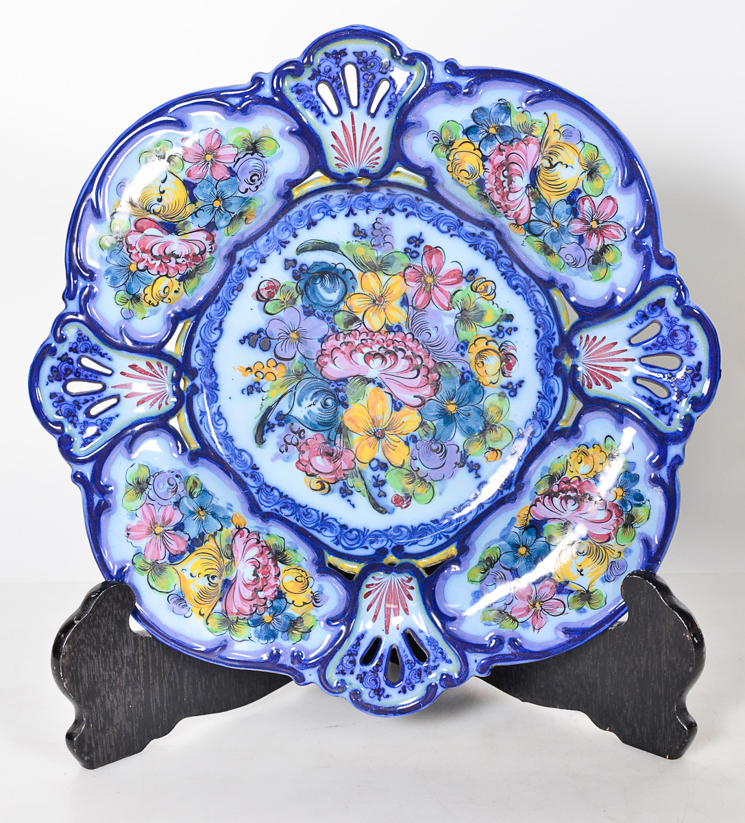 Fruteira de faiança portuguesa de ALCOBAÇA em tons de azul com flores...