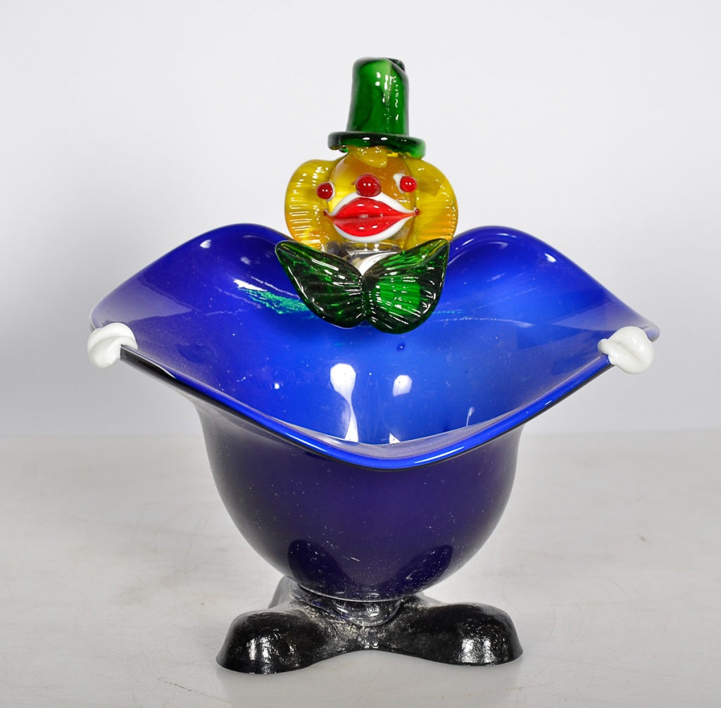 Baleiro de murano na forma de palhaço, alt.22 cm.