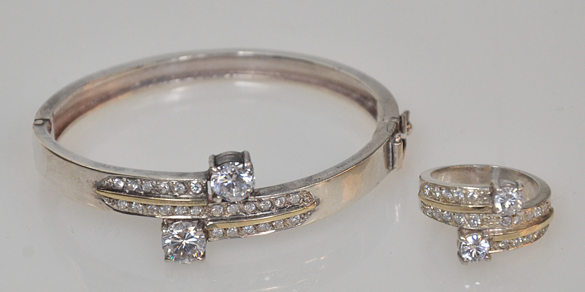 Conjunto de pulseira e anel - prata e zircônias, Raquel Jóias.