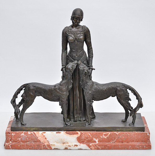 Estatueta de bronze réplica de CHIPARUS, repres. moça com cães, base...