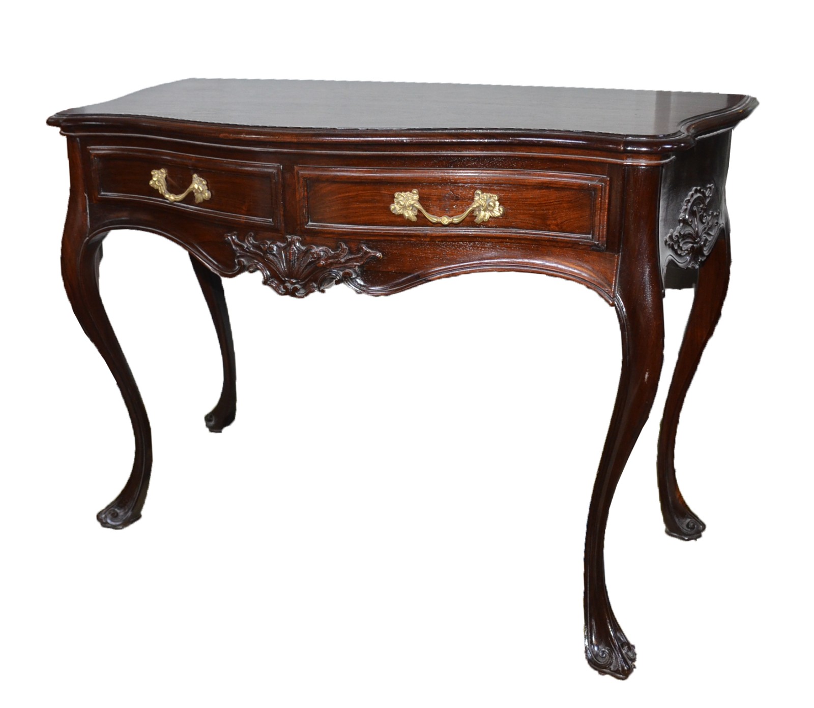 Mesa de encostar de madeira nobre, estilo Dom José, duas gavetas... - foto 1 de 6