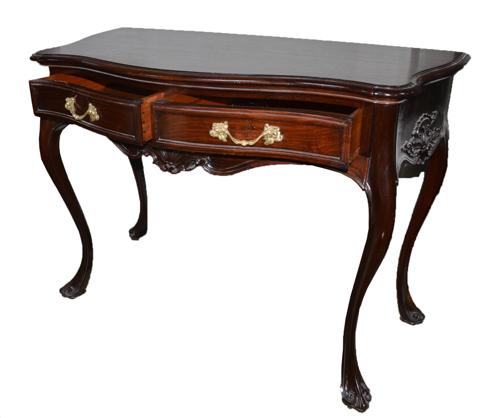 Mesa de encostar de madeira nobre, estilo Dom José, duas gavetas... - foto 2 de 6