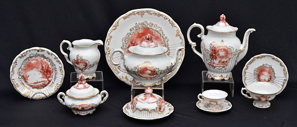 Aparelho de chá de porcelana Schmidt pintada a mao com paisagem e...