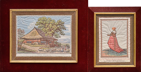 Dois quadros sobre tecido com figura de dama e casa com camponeses...