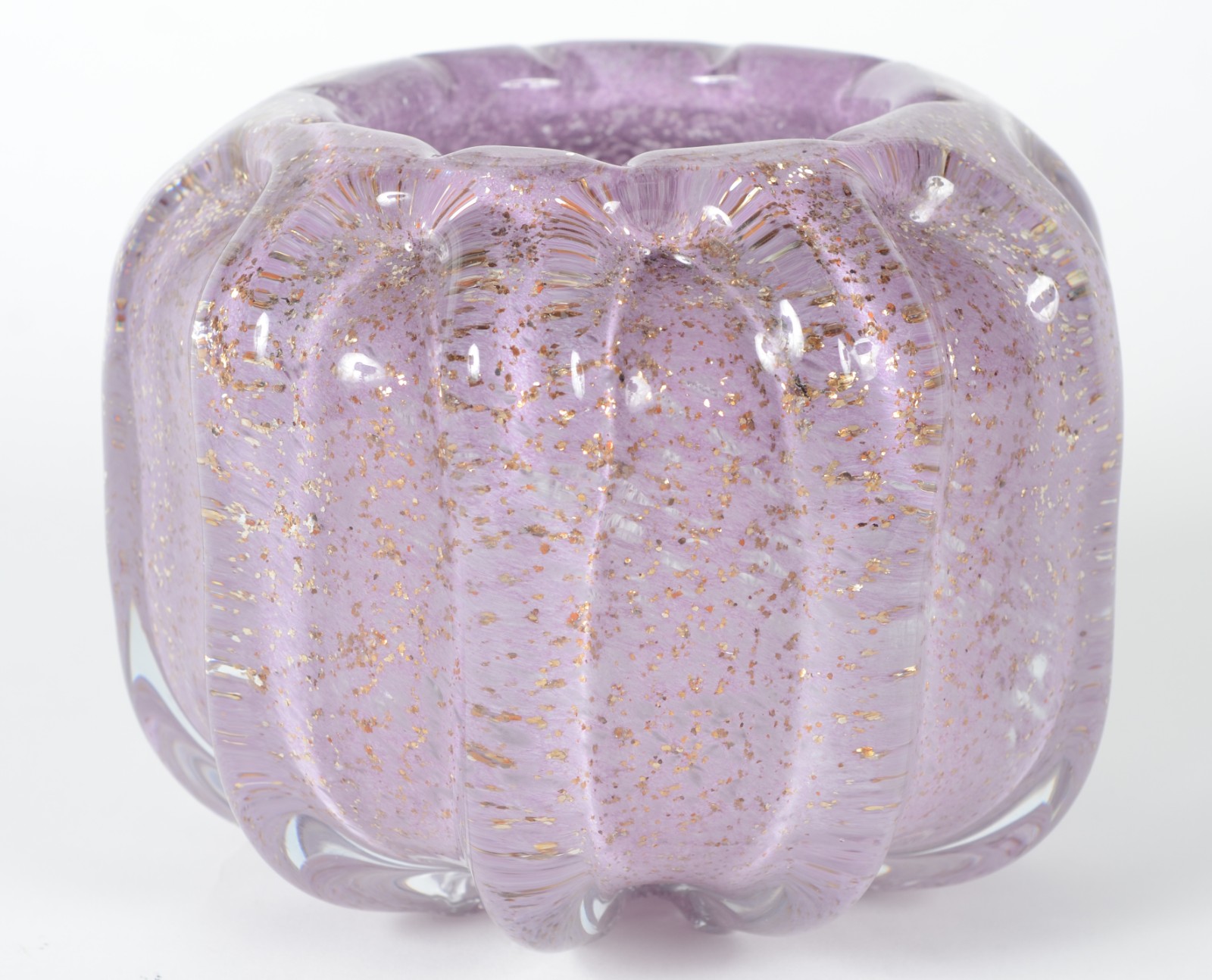 Cachepot de vidro decorativo na cor lilás com pó de ouro, trabalhado... - foto 1 de 4