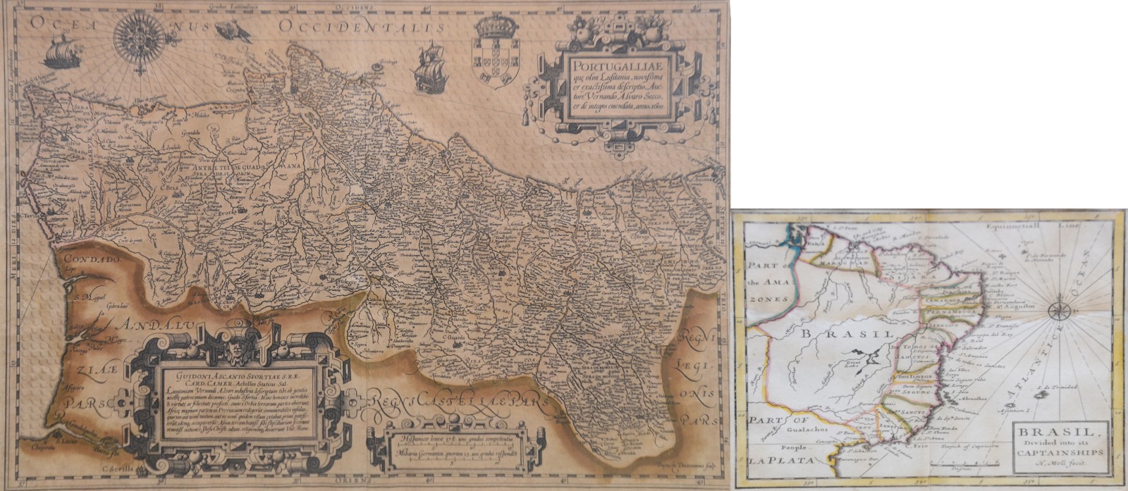 Dois antigos mapas, sendo um do Brasil e outro de Portugal. - foto 1 de 10