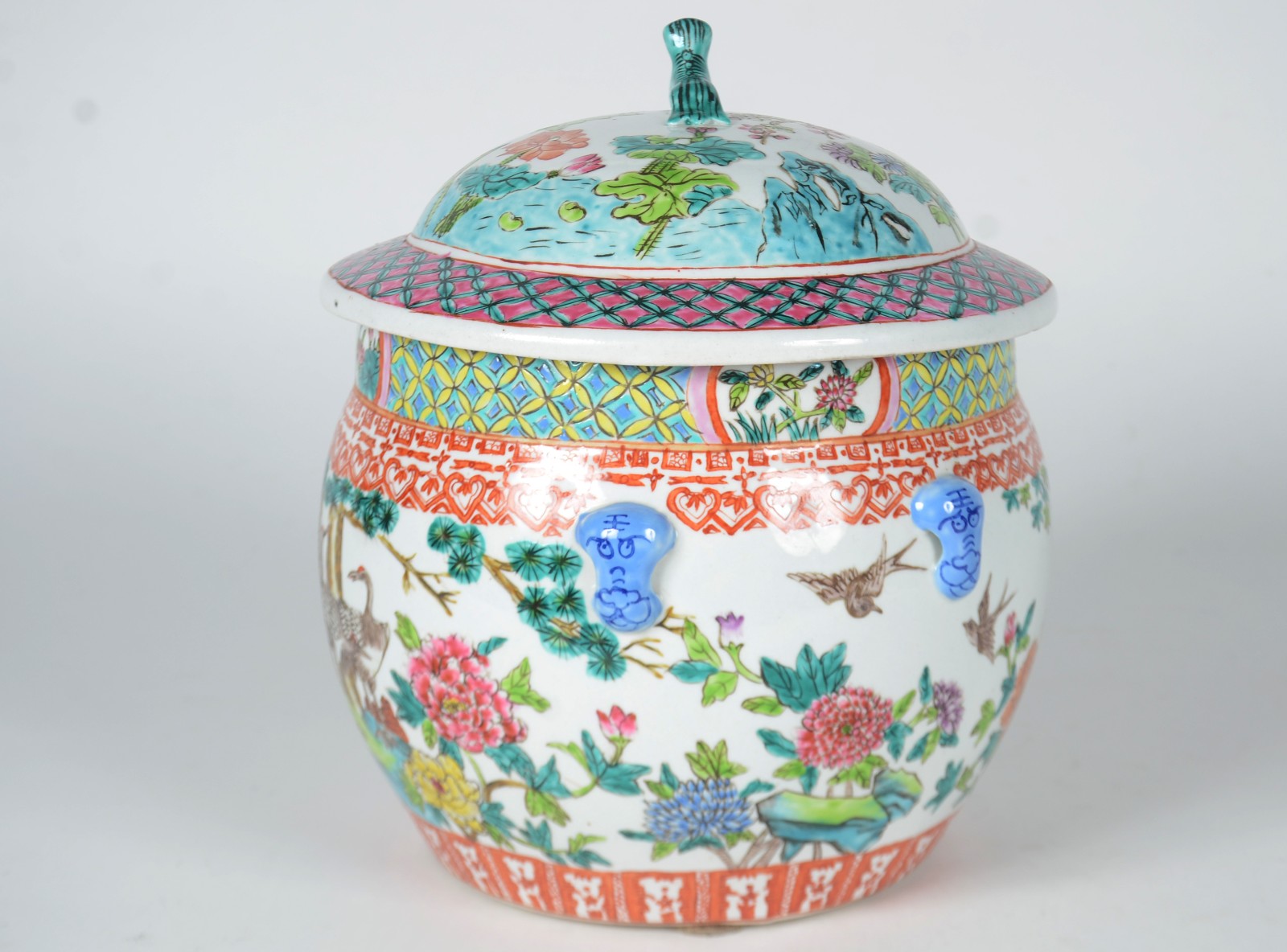 Potiche de porcelana oriental decorado com aves, flores e guirlandas... - foto 6 de 11