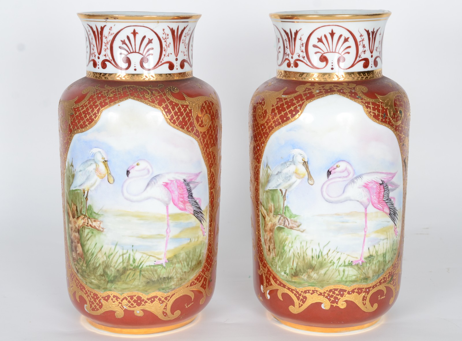 Par de vasos de porcelana pintados á mão com cena de flamingo e... - foto 1 de 9