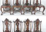 Conjunto com oito cadeiras de madeira nobre, es... - Conjunto com oito cadeiras de madeira nobre, estilo Dom José, ricamente entalhadas, assentos de couro pirogravado e tacheados, pés de garra sobr...