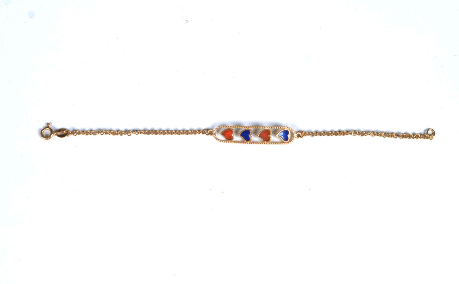 Pulseira de ouro 18 k., placa com 4 corações esmaltados. (Por motivos... - foto 2 de 6