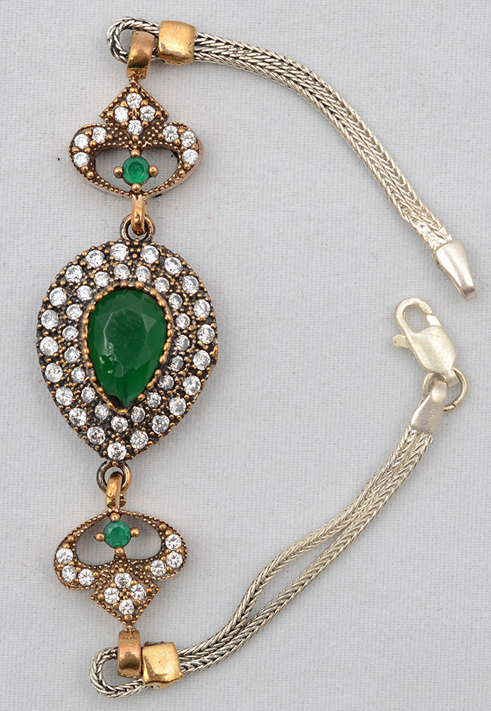 Pulseira de prata (com contraste) com cobre e pedra verde...