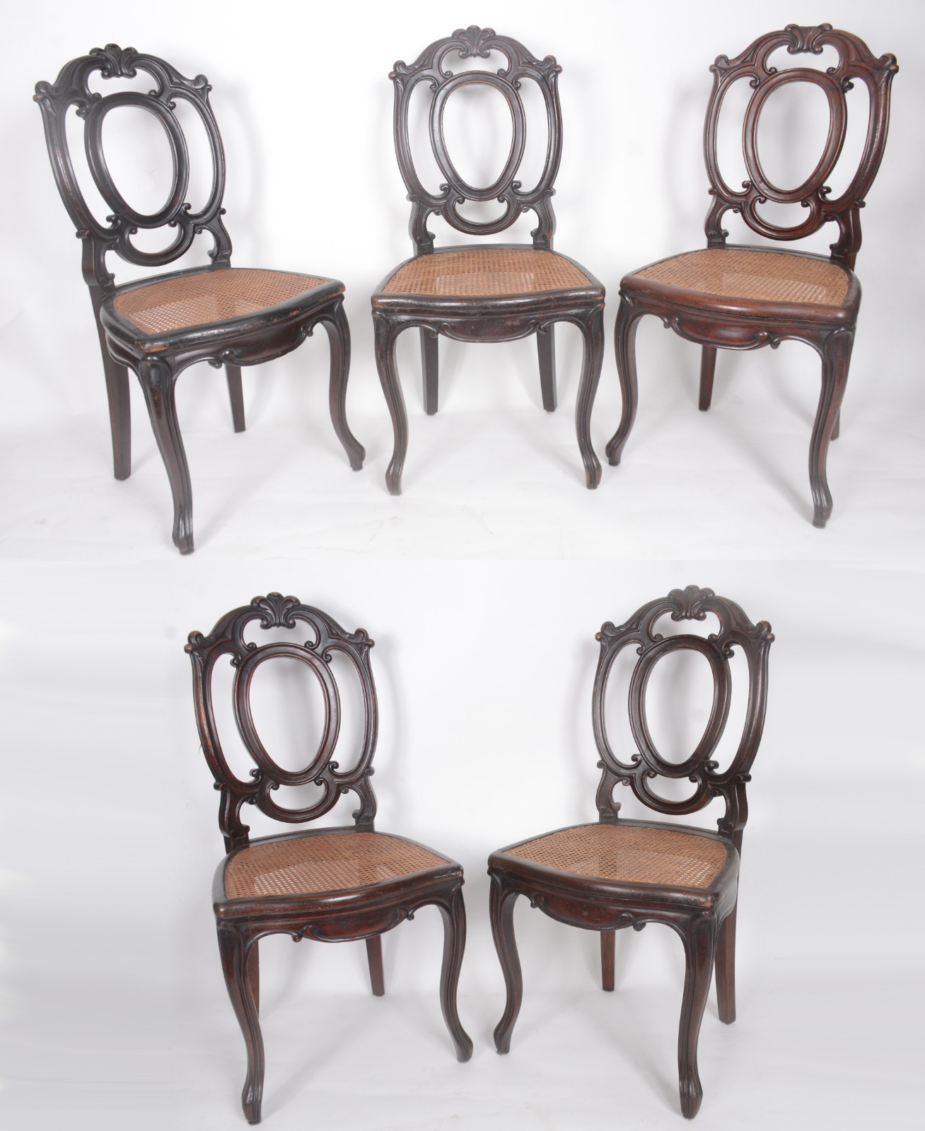 Conjunto com 5 cadeiras de madeira nobre, encostos na forma de... - foto 1 de 11