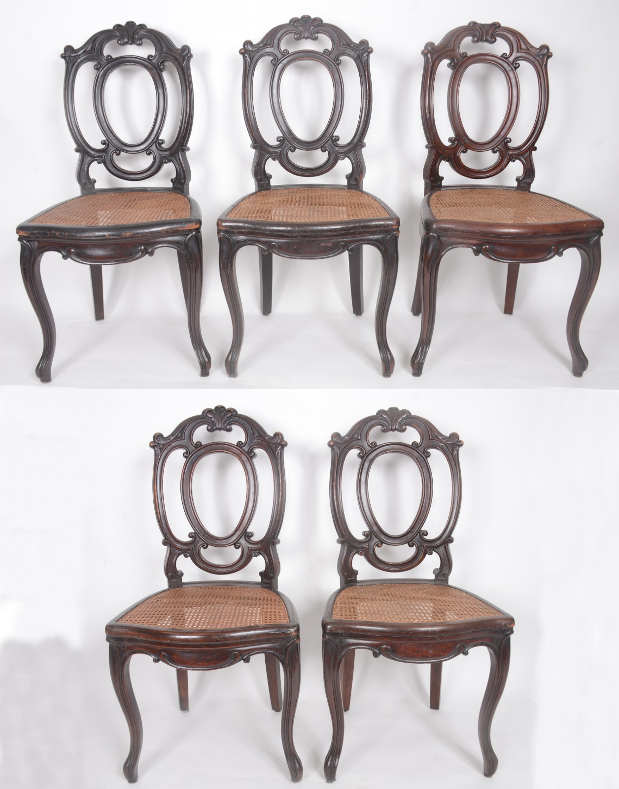 Conjunto com 5 cadeiras de madeira nobre, encostos na forma de... - foto 2 de 11