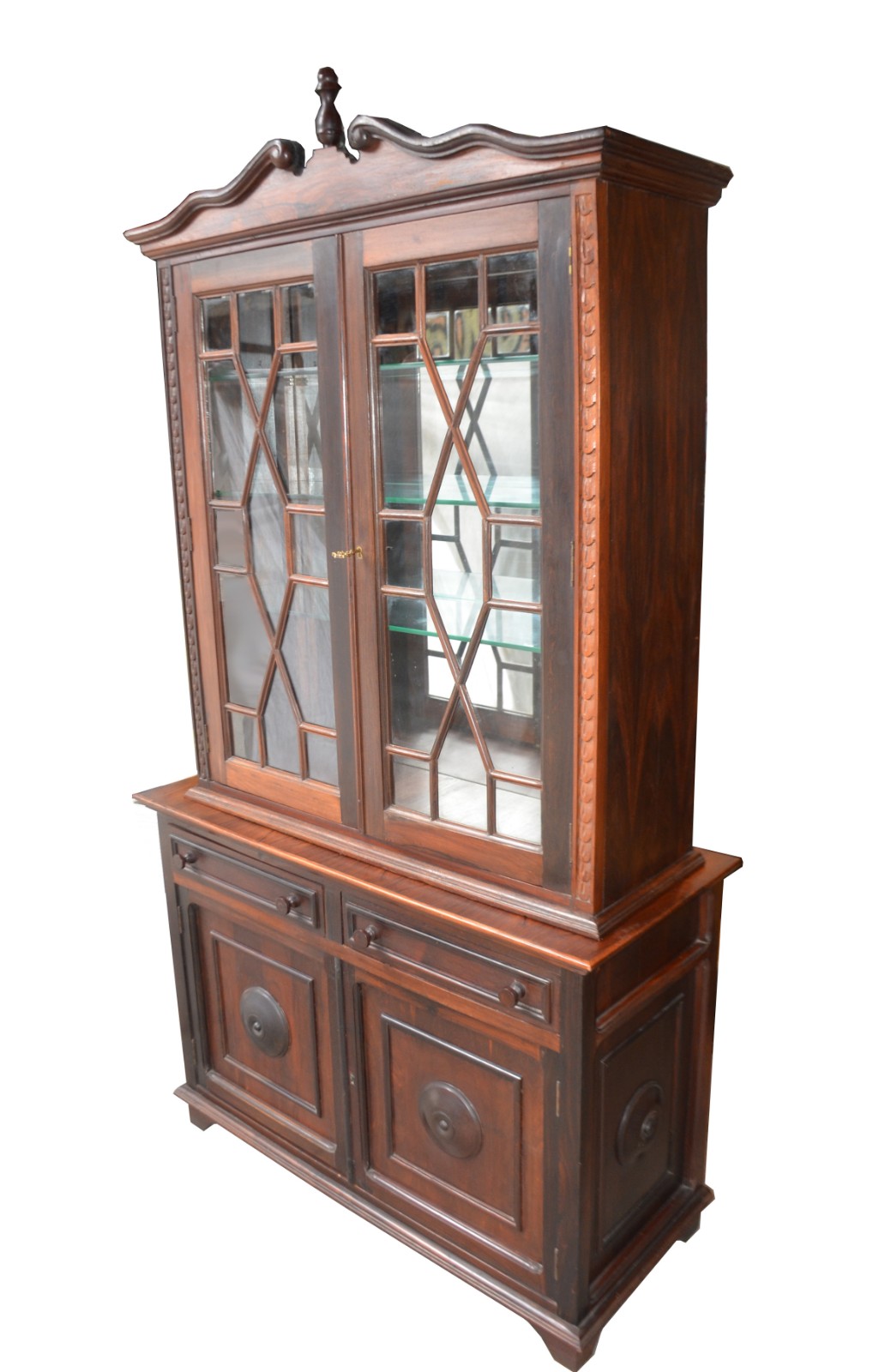 Móvel vitrine de madeira nobre, parte inferior com 2 portas e 2... - foto 1 de 5