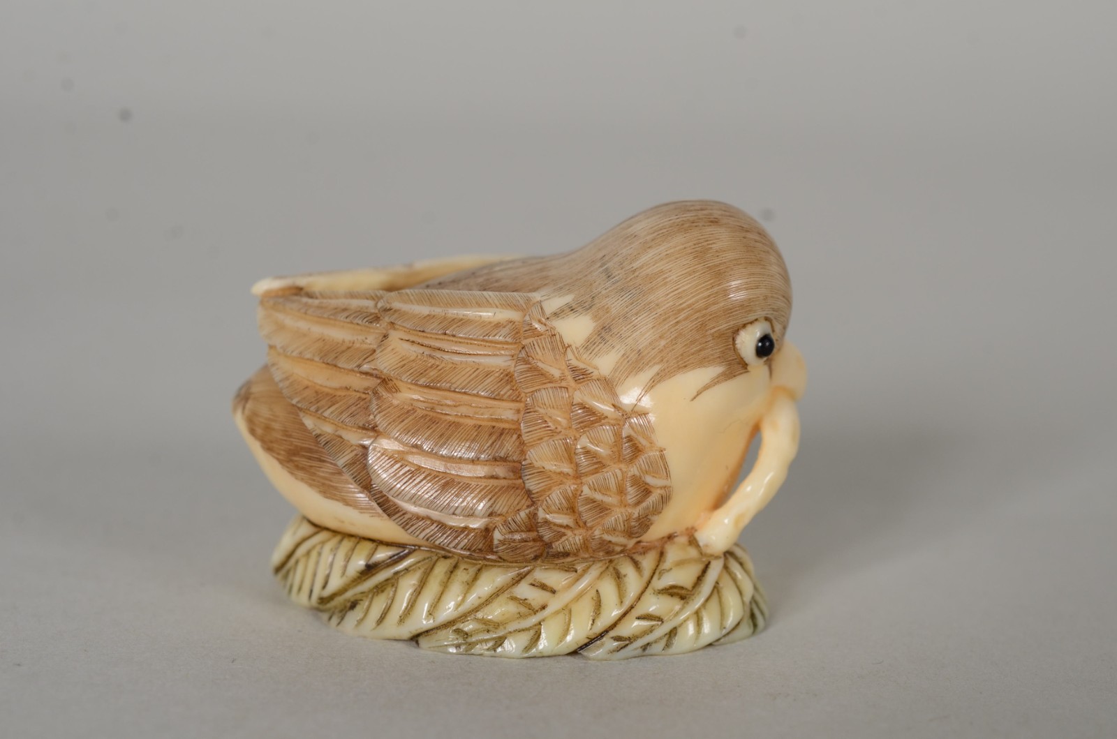 Netsuke de marfim representando pássaro sobre folha, assinado. - foto 2 de 6